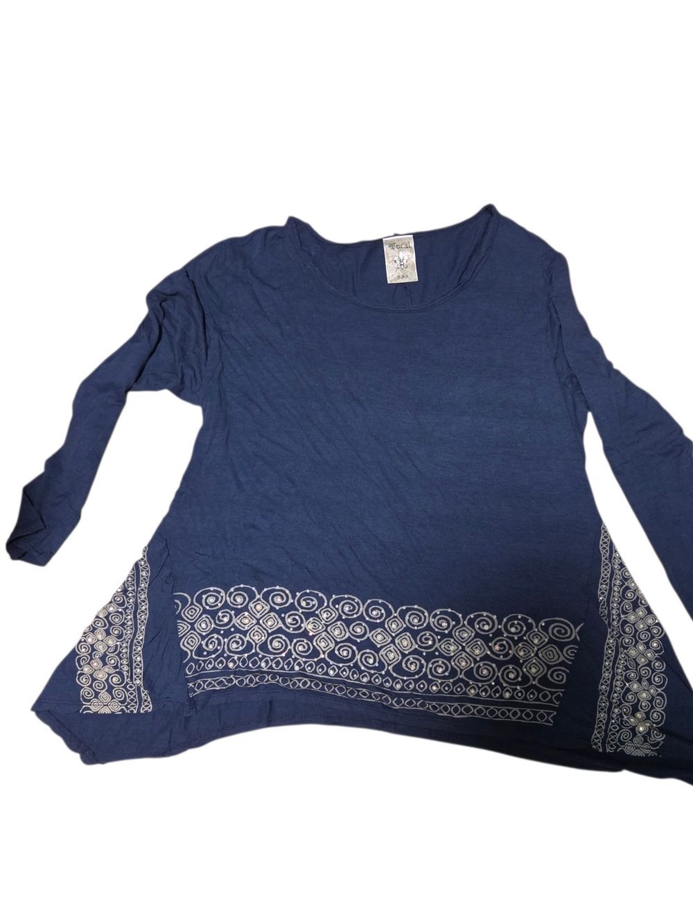 Vocal Navy Blue Long-Sleeve Scoop Neck Top with Embellished Border Print 1XL